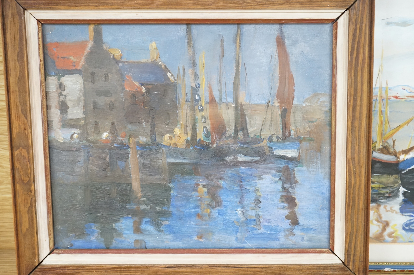 Modern British, oil, ‘Eyemouth Harbour’, inscribed 9th August 1897 verso, together with a similar gouache, Fishing boats before a harbour, largest 26 x 27cm. Condition - good